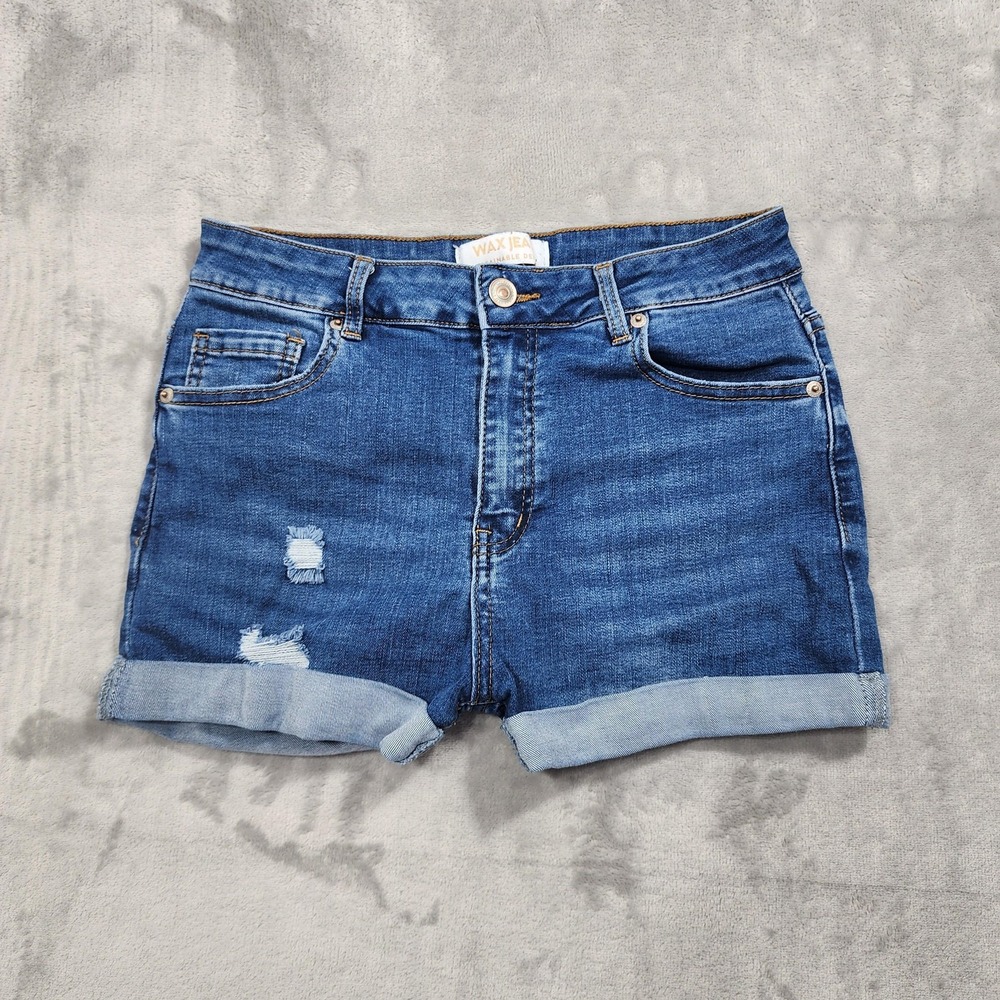 Wax Jean Shorts Womens L‎ Blue Mid Rise Distressed Cuffed Denim Stretch Casual